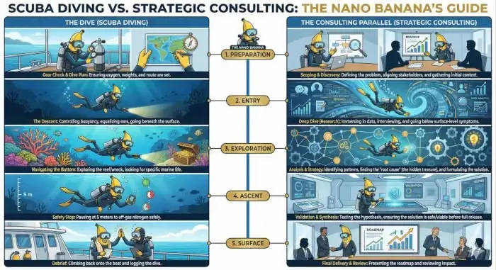 Infographic comparing scuba diving with strategic consulting.